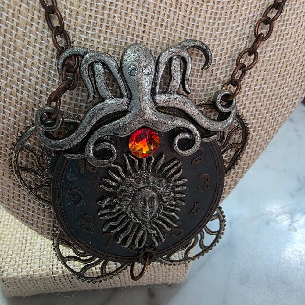 Steampunk Octopus Clock Necklace Sun Face Gear Pendant Statement Jewelry